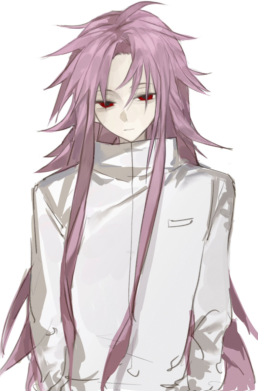 1boy, closed_mouth, hashtag-only_commentary, hatsutori_hajime, high_collar, highres, kinokowa, long_hair, long_sleeves, looking_at_viewer, male_focus, parted_bangs, pink_hair, red_eyes, saibou_shinkyoku, shirt, sidelocks, simple_background, solo, very_long_hair, white_background, white_shirt