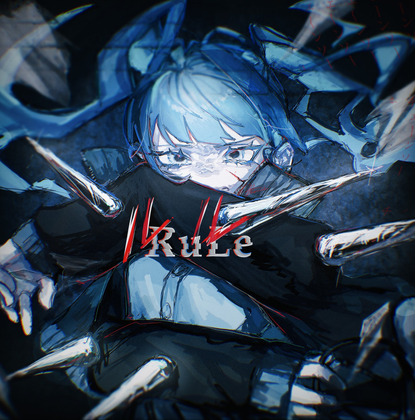 1girl, ado_(utaite), black_jacket, blue_eyes, blue_hair, collared_jacket, english_text, highres