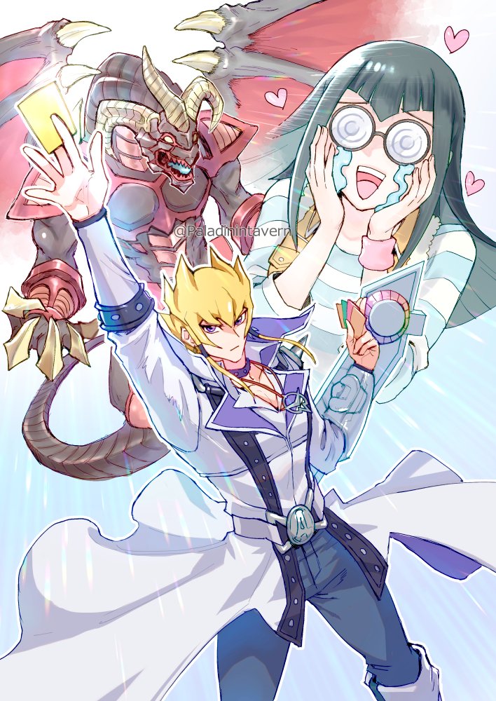 1boy, 1girl, arm_up, black_hair, blonde_hair, blue_pants, card, carly_nagisa