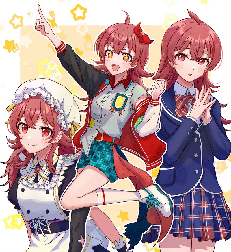 1girl, ahoge, apron, aqua_shorts, arm_up, arms_up, asymmetrical_clothes, asymmetrical_jacket