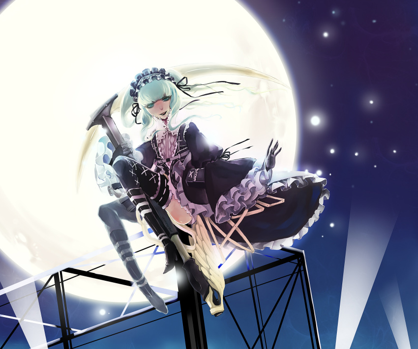 gothic_lolita, gun, highres, lolita_fashion, margaret_moonlight, moon, night, no_more_heroes, no_more_heroes_2, rifle, scythe, sitting, sniper_rifle, thigh-highs, thighhighs, tokino_hitonatsu, weapon, white_hair