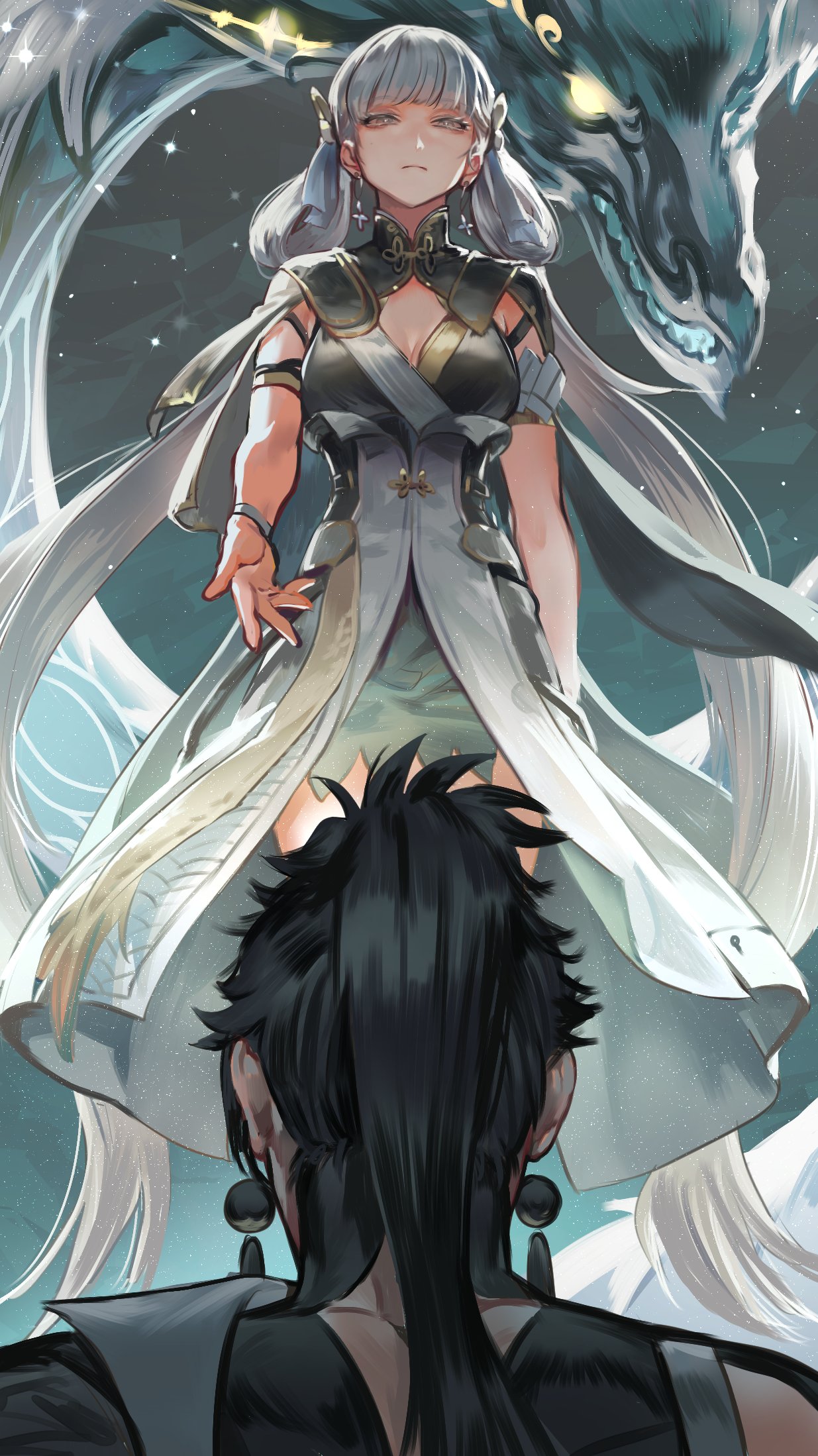 1boy, 1girl, arm_at_side, armlet, black_hair, bow, compression_shirt, dangle_earrings, dragon, dress, earrings, from_behind, from_below, hair_bow, hair_rings, high_collar, high_ponytail, highres, jewelry, jinhsi_(wuthering_waves), jiyan_(wuthering_waves), jue_(wuthering_waves), long_hair, muehe, multiple_hair_bows, outstretched_arm, shirt, turtleneck, turtleneck_shirt, very_long_hair, white_eyelashes, white_eyes, white_hair, wuthering_waves