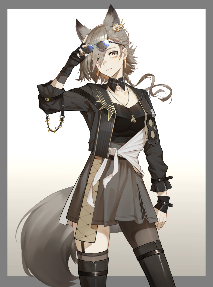 1girl, 2sankta, absurdres, animal_ears, arknights, arm_up, black_gloves, black_jacket