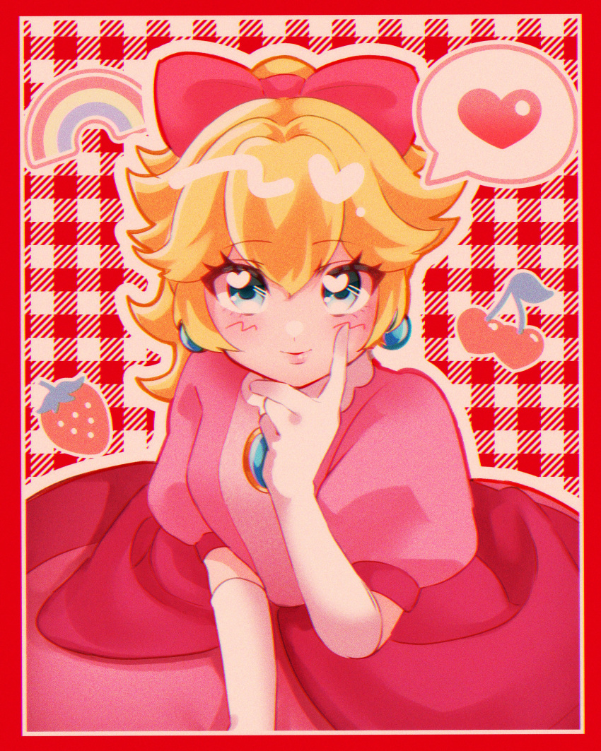1girl, absurdres, blonde_hair, border, bow, checkered_background, cherry, closed_mouth