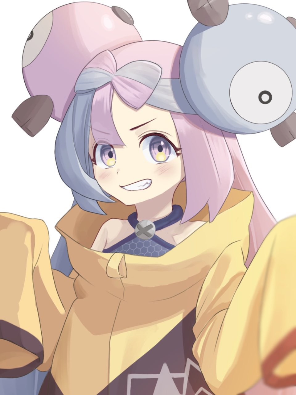 1girl, bare_shoulders, blue_hair, bow-shaped_hair, character_hair_ornament, hair_ornament, highres, iono_(pokemon)