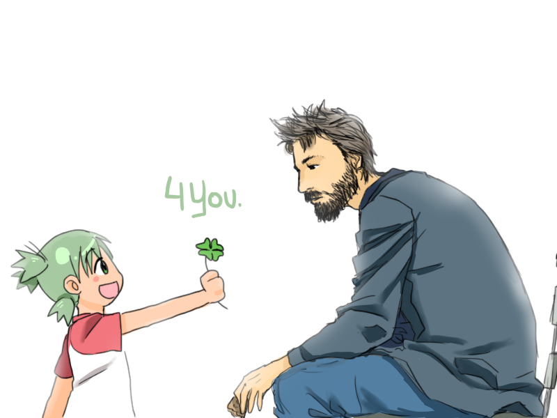 1girl, 4chan, :d, beard, child, clover, crossover, drawfag