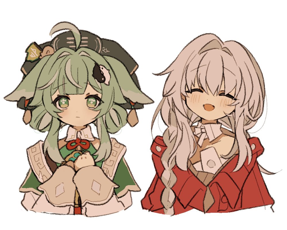 2girls, :d, :|, ahoge, animal_ears, black_hat, blush, braid