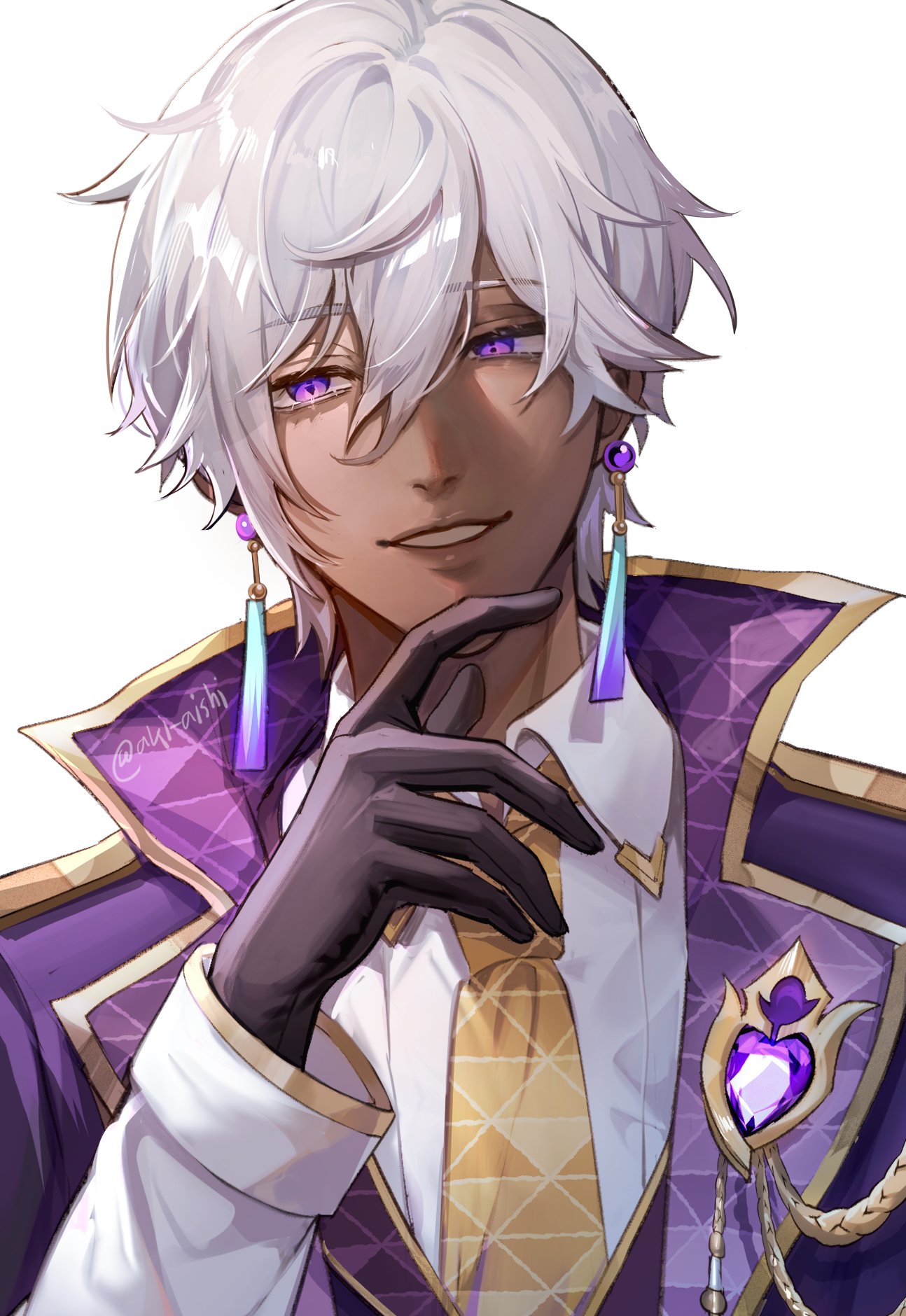 1boy, akira_aishi, artist_name, black_gloves, coat, collared_shirt, commentary, dark-skinned_male
