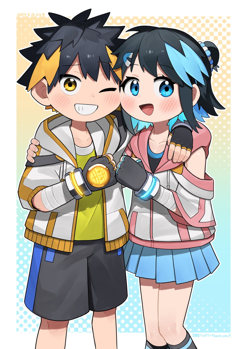 1boy, 1girl, :d, black_gloves, black_hair, blue_eyes, blue_hair, child
