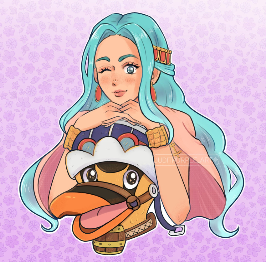 1girl, bird, blue_hair, bracelet, cape, closed_mouth, commentary_request, duck