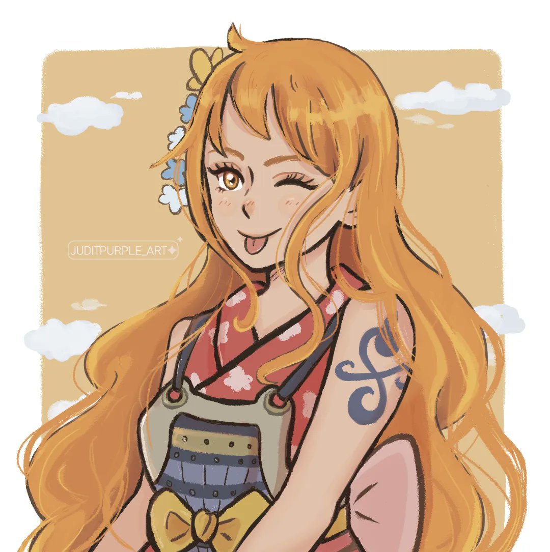 1girl, ;p, arm_tattoo, clouds, commentary, japanese_clothes, juditpurple_art, kimono, long_hair, nami_(one_piece), one_eye_closed, one_piece, orange_eyes, orange_hair, red_kimono, sash, sidelocks, sleeveless, sleeveless_kimono, solo, spanish_commentary, tattoo, tongue, tongue_out, upper_body