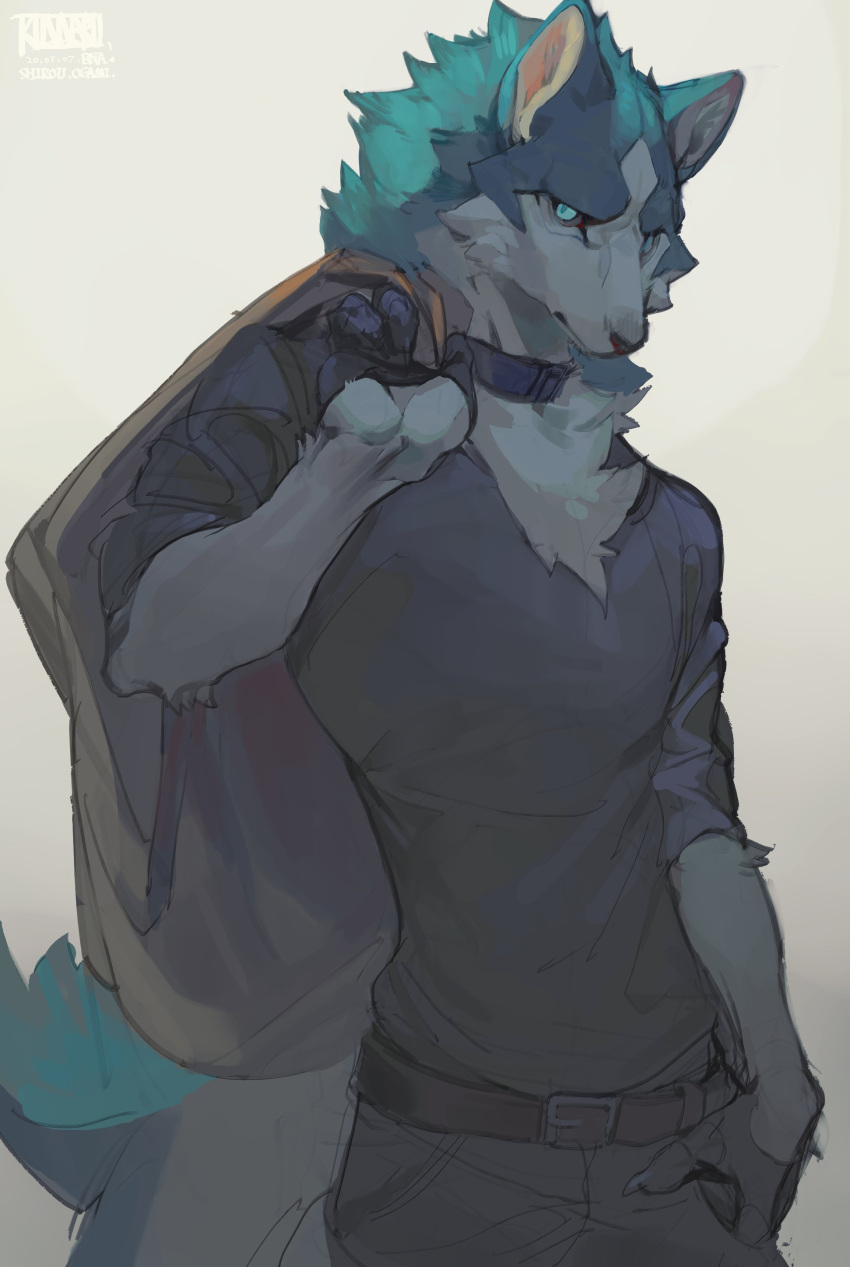1boy, absurdres, animal_ears, belt, black_collar, blue_eyes, blue_fur, body_fur