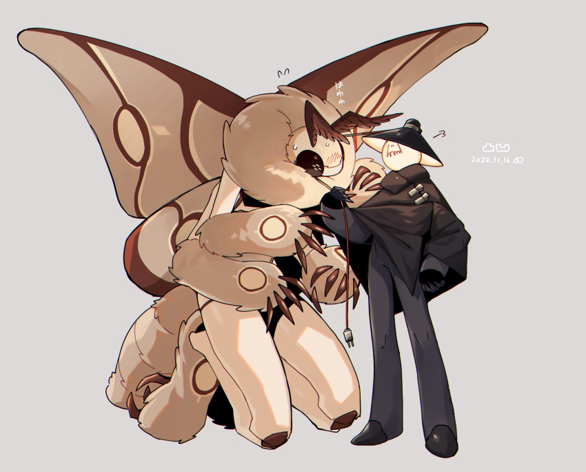1other, androgynous, animal, antennae, black_cloak, black_eyes, black_hat, bug, cable, claws, cloak, dated, extra_arms, flying_sweatdrops, from_side, full_body, grey_background, hat, highres, holding, holding_cable, kneeling, light_bulb, moth, object_head, original, oversized_animal, sannota272, simple_background, standing, sweatdrop, wings