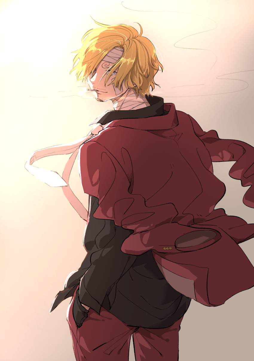 1boy, bandaged_head, bandaged_neck, bandages, black_gloves, black_shirt, blonde_hair, cigarette