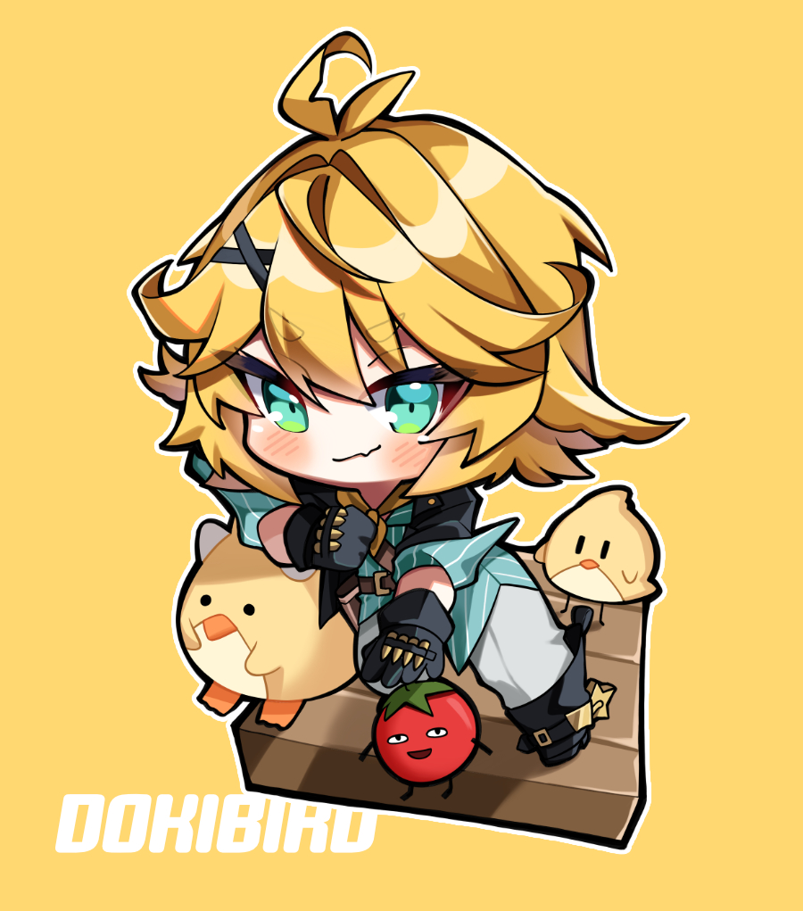 aqua_shirt, black_footwear, black_gloves, blonde_hair, blue_eyes, character_name, dokibird_(vtuber), dokibird_(vtuber)_(bounty_hunter)