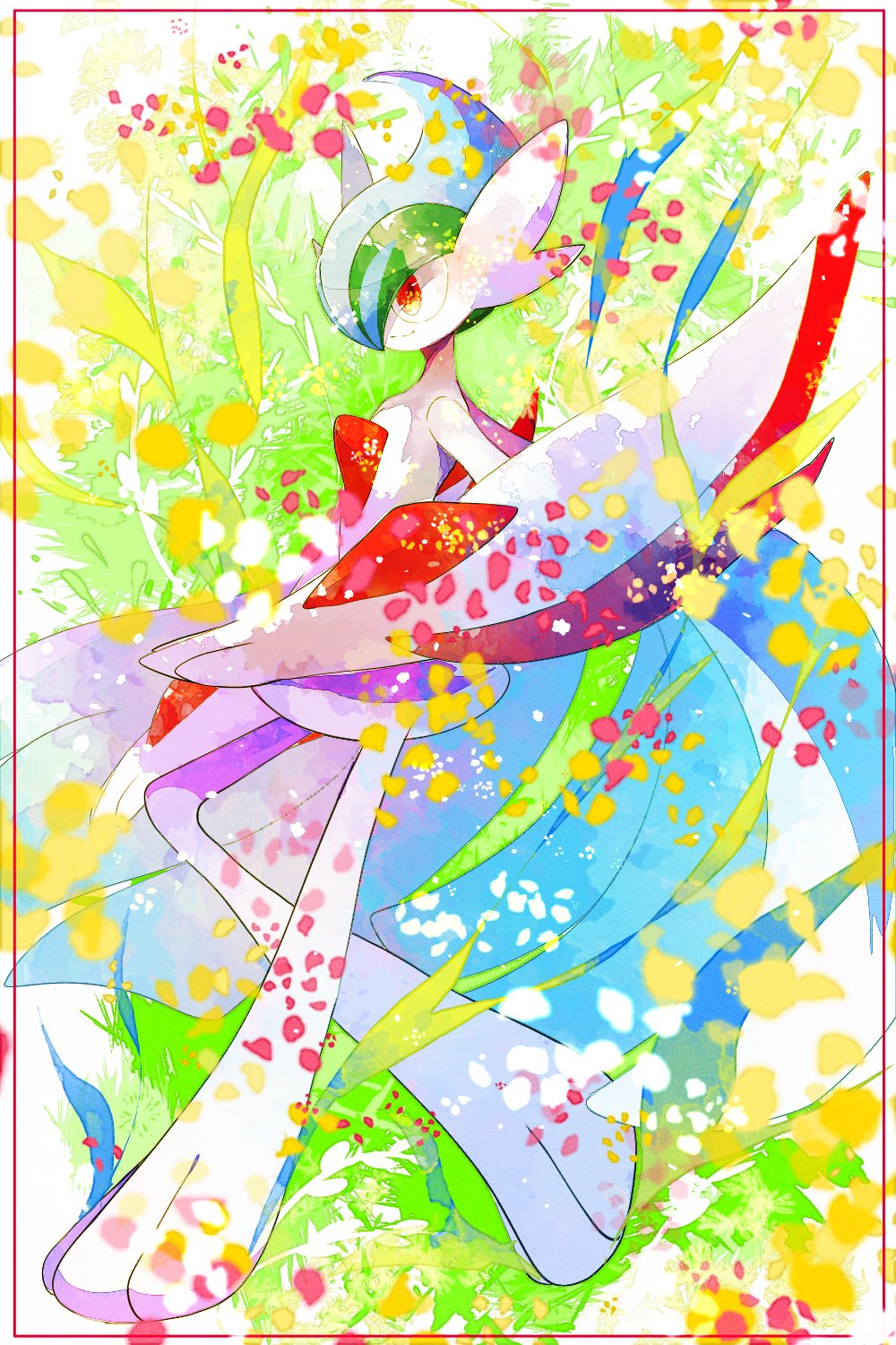 arm_blade, cape, colored_skin, from_side, gallade, green_hair, highres, loki_(regulus_1111)