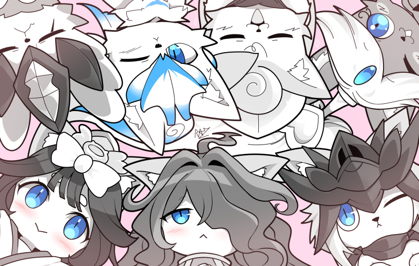 3girls, 4boys, absurdres, ahoge, animal_ears, animal_nose, black_hair, blue_eyes