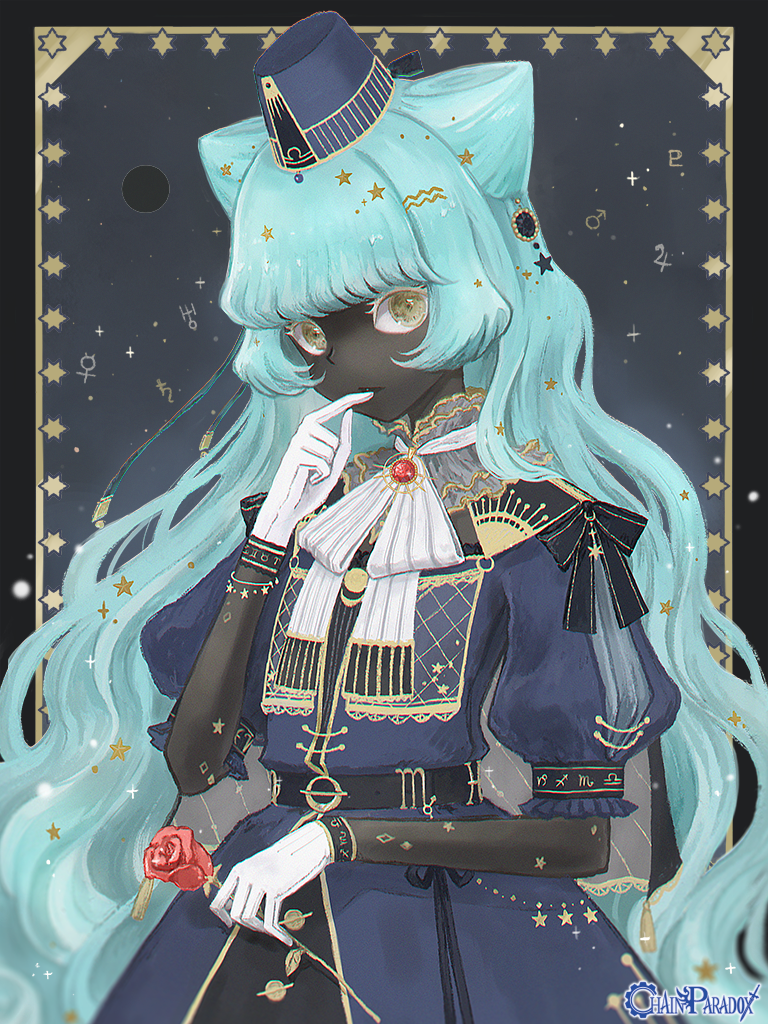 1girl, ascot, belt, black_bow, black_hair, black_hat, black_skin, blue_hair, bow, chain_paradox, colored_skin, double_bun, dress, flower, gloves, gold_trim, grey_background, hair_bun, hair_ornament, hand_up, hat, holding, holding_flower, kusukusu_kuma, light_blue_hair, long_hair, long_sleeves, mira_tenebrae, puffy_short_sleeves, puffy_sleeves, rose, short_sleeves, solo, standing, very_long_hair, white_ascot, white_gloves, yellow_eyes, zodiac