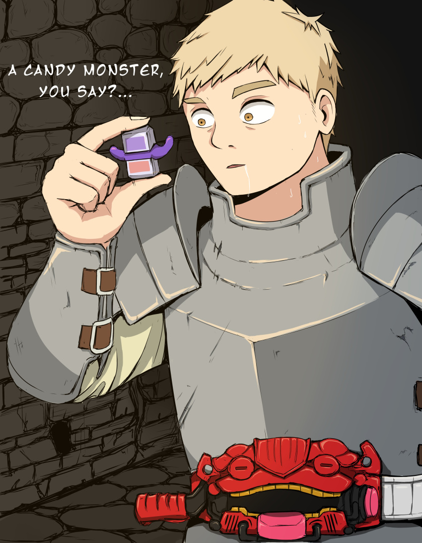 1boy, absurdres, armor, blonde_hair, bracer, crossover, dungeon_meshi, english_text, highres, holding, kamen_rider, laios_touden, leidenfrost, male_focus, plate_armor, rider_belt, saliva, shoulder_armor, solo