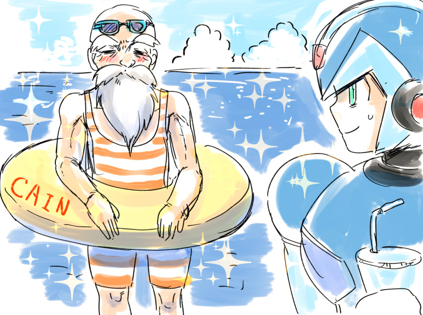 beard, blush, closed_eyes, dr._cain_(mega_man), facial_hair, kiwakiwa, looking_to_the_side, mega_man_(series)