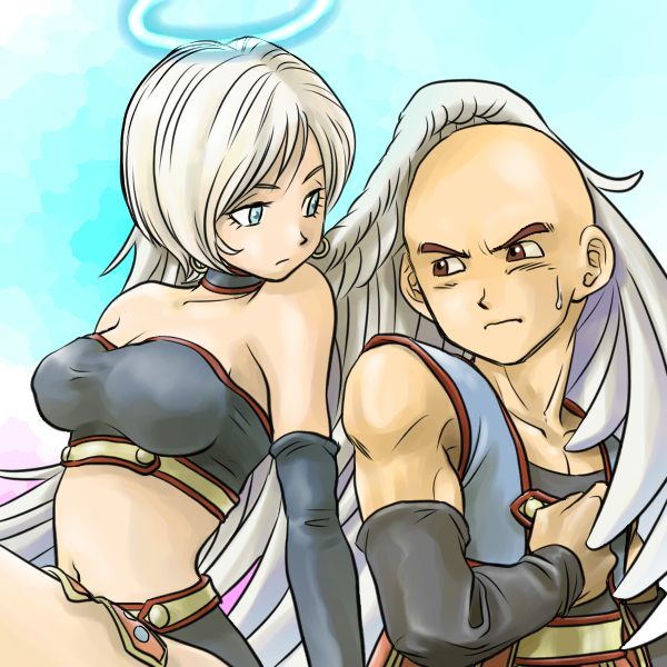bald, bandeau, blue_eyes, breasts, chinyan, choker, cleavage, dragon_quest