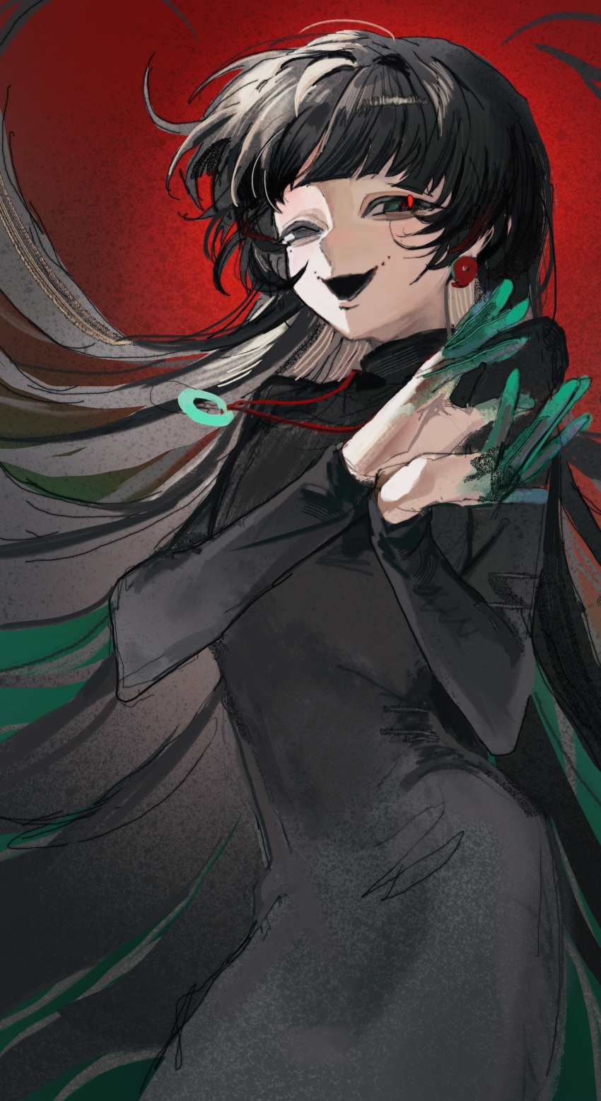 1girl, absurdres, black_dress, black_hair, blunt_bangs, chinese_commentary, colored_extremities, commentary_request