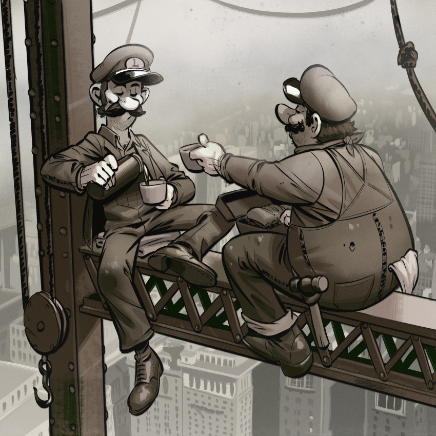 2boys, absurdres, angusburgers, beard_stubble, big_nose, brothers, city, construction_site