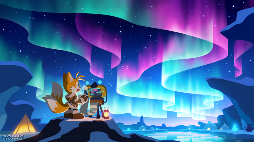 2boys, alternate_costume, animal_ears, big_the_cat, breath, commentary_request, fishing, fox_ears, fox_tail, furry, furry_male, ice_fishing, igloo, lantern, male_focus, multiple_boys, multiple_tails, night, night_sky, official_art, sky, snow_shelter, sonic_(series), standing, star_(sky), tail, tails_(sonic), two_tails, uno_yuuji