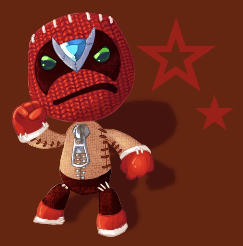 1boy, brown_background, clenched_hands, eumillipes, full_body, green_eyes, homestar_runner, little_big_planet