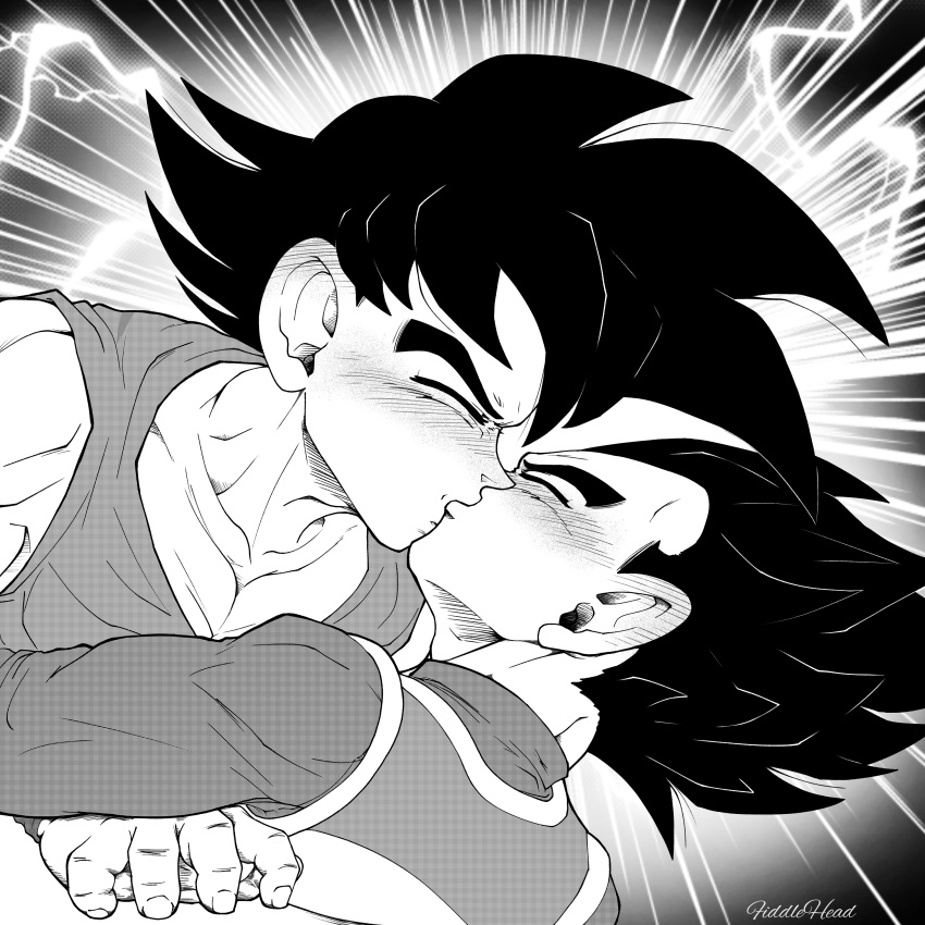 2boys, absurdres, artist_name, closed_eyes, dragon_ball, fiddlehead, highres, kakarot, kakavege, kiss, male, monochrome, non-web_source, son_goku, vegeta, yaoi