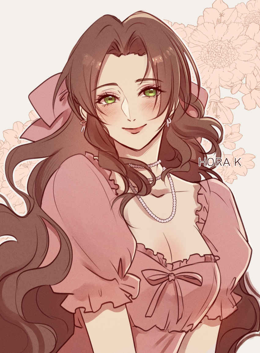 1girl, aerith_gainsborough, artist_name, bow, breasts, brown_hair, commentary, dress