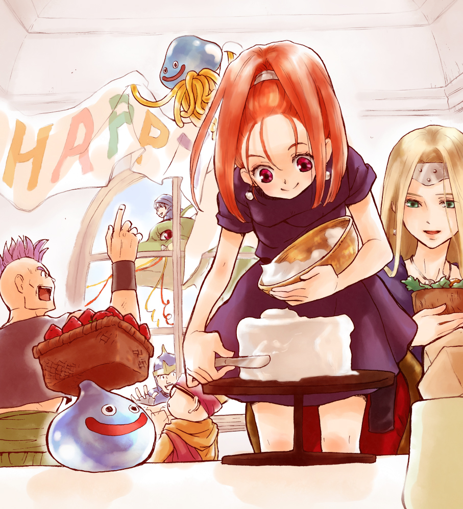barbara, blonde_hair, bracelet, cake, chamoro, circlet, dragon, dragon_quest