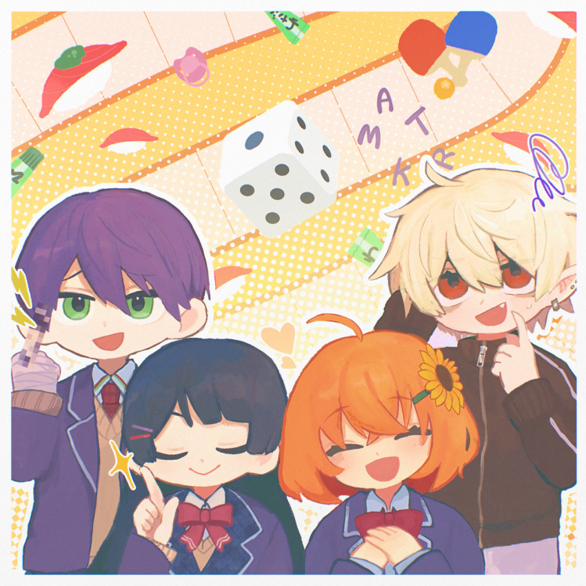 2boys, 2girls, :d, ^_^, ahoge, arm_behind_head, arm_up, bandaged_fingers