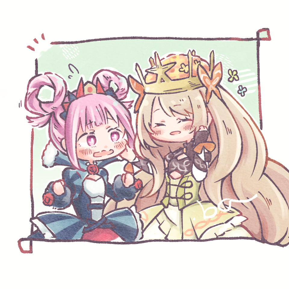 2girls, blonde_hair, bow, butterfly_hair_ornament, celine_(fire_emblem), closed_mouth, crown, dress
