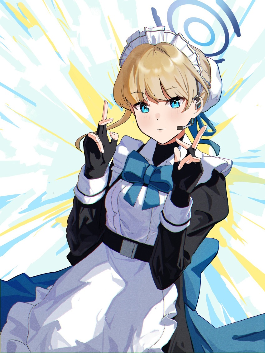 1girl, apron, aqua_bow, aqua_bowtie, ashamutoki, black_dress, black_gloves, blonde_hair