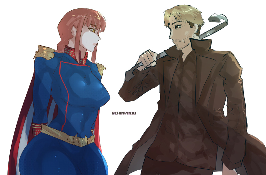 1boy, 1girl, absurdres, belt, billy_butcher, billy_butcher_(cosplay), blue_bodysuit, bodysuit