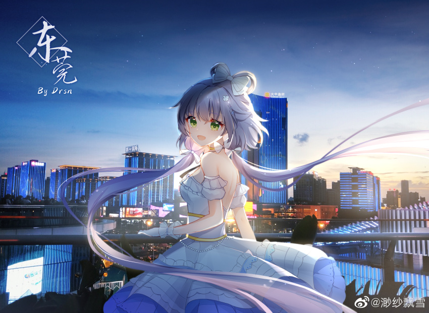 1girl, :d, back, bare_shoulders, blue_bow, blue_sky, bow, bow_choker
