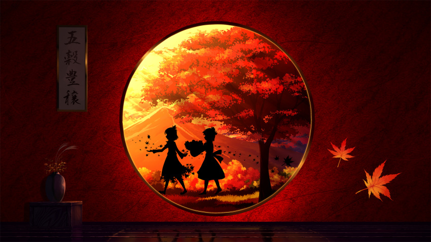 2girls, aki_minoriko, aki_shizuha, autumn, autumn_leaves, basket, carrying, clouds
