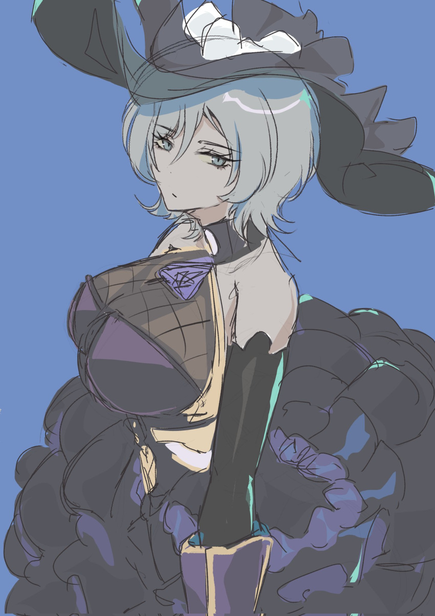 alternate_costume, ascot, black_dress, black_hat, blue_background, blue_eyes, breasts, cosplay