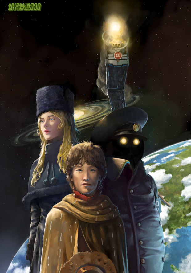 1girl, 2boys, asian, blonde_hair, blue_eyes, brown_cape, brown_eyes, brown_hair