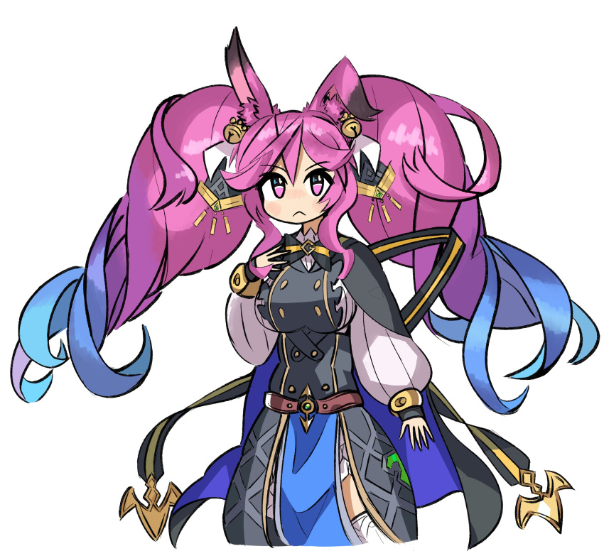 1girl, :<, absurdres, animal_ears, bell, black_cape, blue_hair, cape