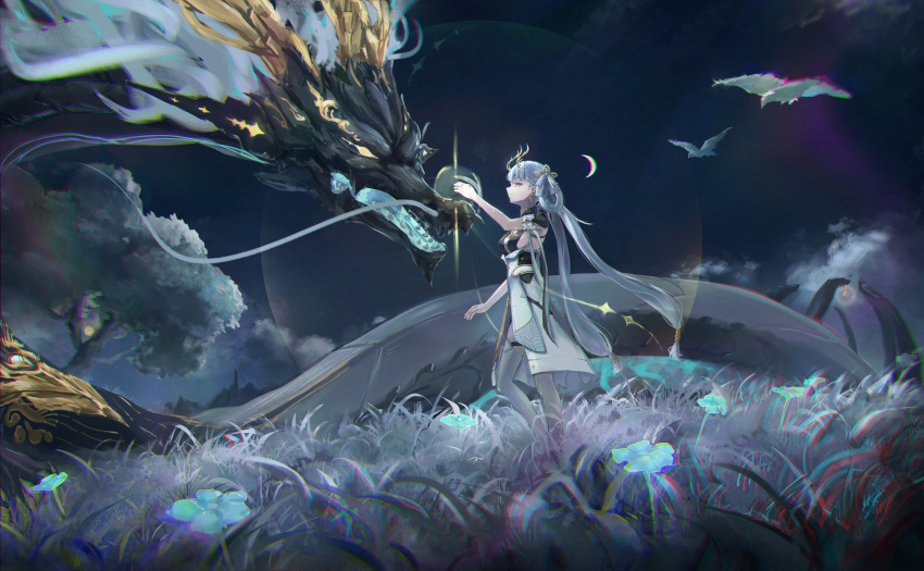 1girl, 1other, absurdres, bird, black_collar, black_dress, boots, bow, breasts, bright_pupils, chinese_commentary, chromatic_aberration, closed_mouth, coat, collar, commentary_request, crescent_moon, dragon, dress, earrings, eastern_dragon, eastern_dragon_horns, from_side, grass, hair_bow, hand_up, highres, horns, jewelry, jinhsi_(wuthering_waves), jue_(wuthering_waves), looking_at_another, low_twintails, medium_breasts, mienpp, moon, night, night_sky, outdoors, sideboob, sky, thigh_boots, tree, twintails, white_bird, white_bow, white_coat, white_eyelashes, white_eyes, white_footwear, white_hair, white_pupils, wide_shot, wuthering_waves, yellow_horns