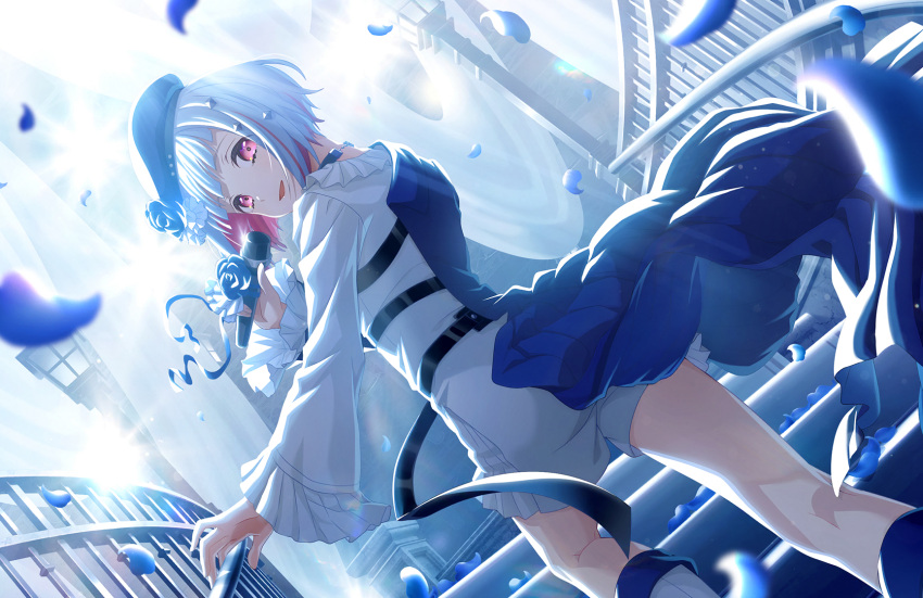 1girl, asymmetrical_clothes, asymmetrical_coat, black_choker, blue_coat, blue_petals, bob_cut, boots