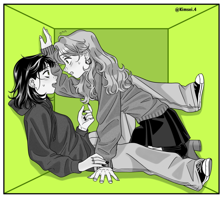 2girls, between_legs, blush, commentary, ear_piercing, earrings, english_commentary, flying_sweatdrops, green_background, greyscale_with_colored_background, highres, hoop_earrings, jewelry, kimsei, kininatteru_hito_ga_otoko_ja_nakatta, koga_mitsuki, long_hair, mole, mole_under_eye, multiple_girls, multiple_rings, nail_polish, oosawa_aya, open_mouth, pants, piercing, pleated_skirt, ring, skirt, stuck_in_a_box, twitter_username, yuri