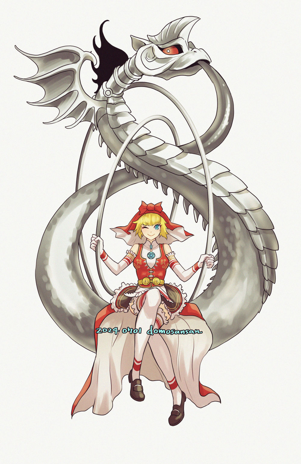 1girl, blonde_hair, blue_eyes, bow, detached_sleeves, domosansan, dress, eyelashes, highres, idunn_(megami_tensei), one_eye_closed, ouroboros_(megami_tensei), red_bow, red_dress, red_eyes, shin_megami_tensei, shin_megami_tensei_v, simple_background, sitting, snake, white_background, white_sleeves, wings