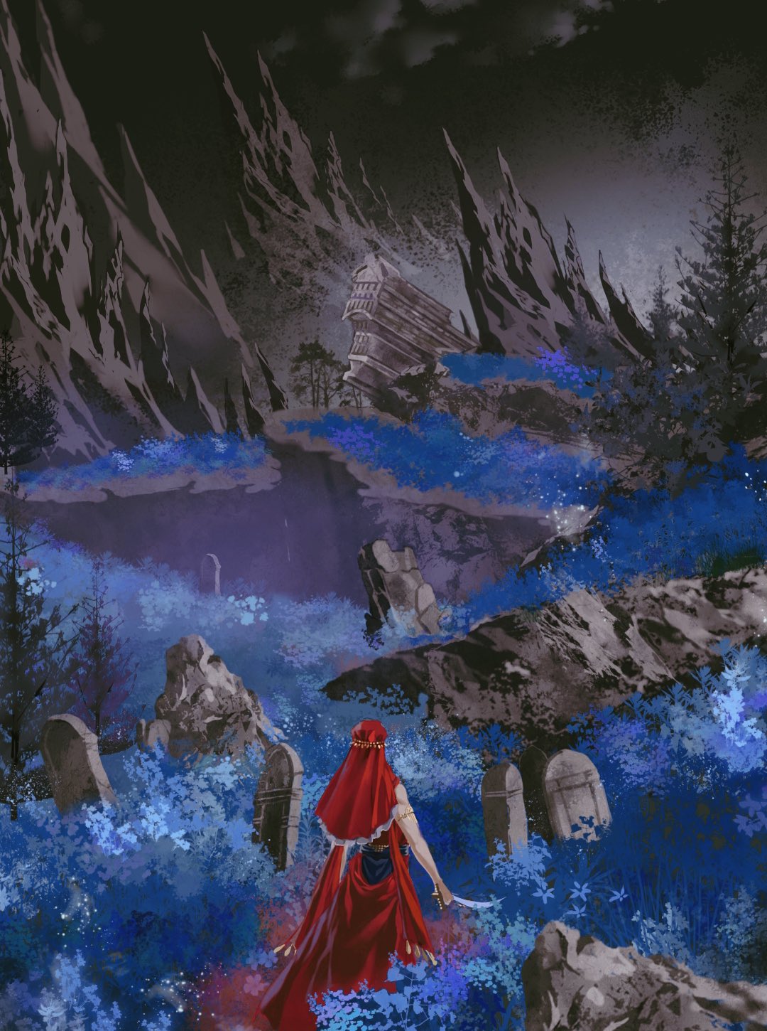 1girl, black_sky, blue_flower, dagger, dancer_of_ranah, dress, elden_ring, elden_ring:_shadow_of_the_erdtree, field, flower, flower_field, highres, holding, holding_dagger, holding_knife, holding_weapon, knife, mountain, outdoors, red_dress, sky, solo, tombstone, tree, weapon, yujia0412