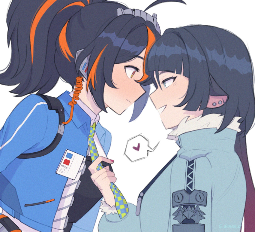 2girls, animal_ears, black_hair, blue_eyes, blue_jacket, blue_necktie, blush, checkered_necktie, closed_mouth, collared_shirt, commentary, ear_piercing, earpiece, english_commentary, from_side, green_necktie, grin, heart, highres, jacket, jane_doe_(zenless_zone_zero), jei_(jeiwalking_), long_hair, mouse_ears, multicolored_hair, multiple_girls, necktie, orange_eyes, orange_hair, piercing, ponytail, profile, shirt, simple_background, smile, spoken_heart, streaked_hair, upper_body, white_background, white_shirt, yuri, zenless_zone_zero, zhu_yuan