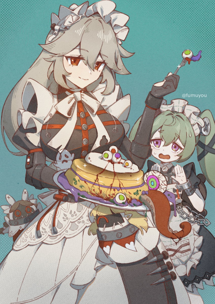 2girls, absurdres, alexandrina_sebastiane, anastella_(zenless_zone_zero), animal_bag, apron, bangboo_(zenless_zone_zero), bear_bag
