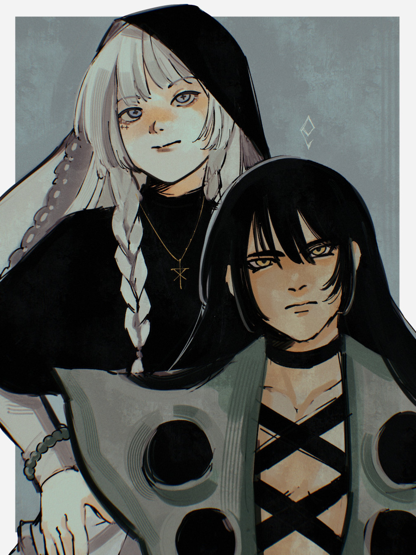 1boy, 1girl, absurdres, bador_vlad, black_choker, black_hair, braid, choker