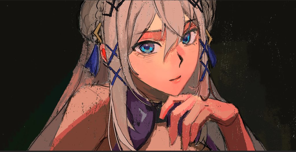 1girl, blue_eyes, braid, closed_mouth, double_bun, grey_hair, hair_between_eyes, hair_bun, hand_on_own_chin, long_hair, looking_at_viewer, lsm, nijisanji, nijisanji_en, solo, victoria_brightshield, virtual_youtuber